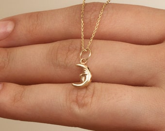 14K Solid Yellow Gold Dainty Moonface Cremation Urn Pendant Necklace: A Celestial Tribute for Human & Pet Ashes Holder Crescent Moon Pendant