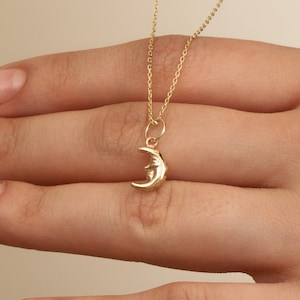 14K Solid Yellow Gold Dainty Moonface Cremation Urn Pendant Necklace: A Celestial Tribute for Human & Pet Ashes Holder Crescent Moon Pendant