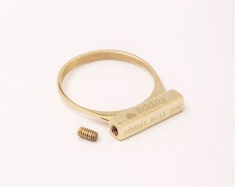 14k/18k Solid Gold Bar Cremation Ring | Personalized Memorial Ash Holder Jewelry | In Memory of Dads, Mom, Son, Daughter, Pet, Dog, Cat