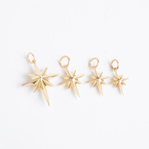 May include: Four gold-toned star-shaped charms of varying sizes. The charms have a pointed, geometric design and are perfect for adding a touch of sparkle to jewelry projects.