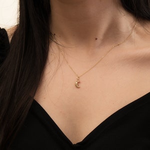 May include: A gold chain necklace with a crescent moon pendant.