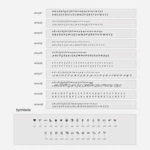 May include: A graphic showing ten different fonts with lowercase and uppercase letters of the alphabet, along with a selection of symbols including hearts, stars, moons, zodiac signs, and other symbols.