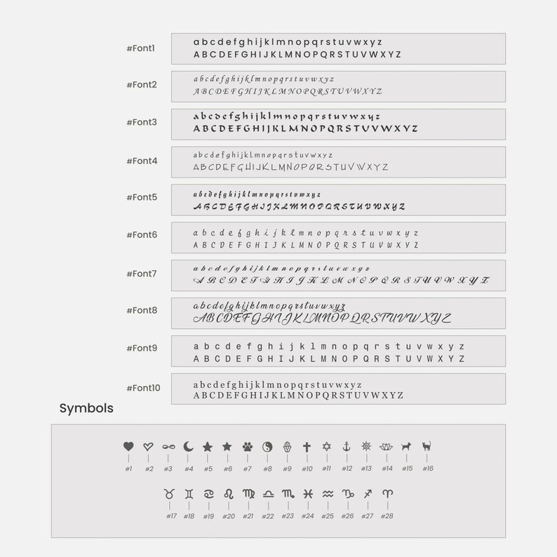 May include: A graphic showing ten different fonts with lowercase and uppercase letters of the alphabet, along with a selection of symbols including hearts, stars, moons, zodiac signs, and other symbols.