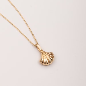 Może przedstawiać: Złoty łańcuszek z małym, ozdobnym zawieszką w kształcie muszli.