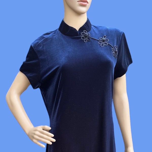 Vintage Rhapsody Women’s Dress Blue Velvet Asian Oriental Long 80s Short Sleeves Mock Neck USA Made Size 13/14