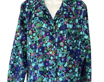 Vintage Diane Von Furstenberg Blouse Top Button Up Shirt Colorful 1980’s Retro Mod Funky Long Sleeves Designer