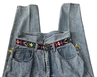 Vintage Don’t Stop Women’s Blue Jeans Denim Beaded 90’s Hip Hop Rap Reggae Funky Hip High Waist Straight Leg Size 13/14