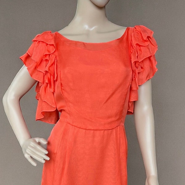 An Original Milly Women’s Vintage Dress Ruffles Lightweight Silk Orange Peach Lined New York Italy Designer Size 12 USA Made Retro