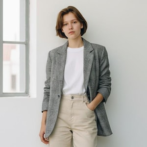 Vintage Harve Benard Women's Blazer Gray Jacket Houndstooth Plaid Jacket Size XL
