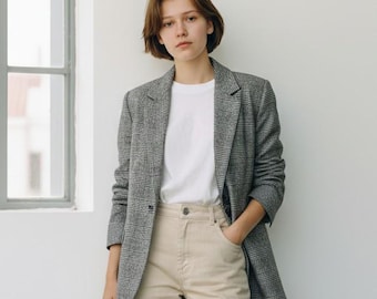 Vintage Harve Benard Women's Blazer Gray Jacket Houndstooth Plaid Jacket Size XL