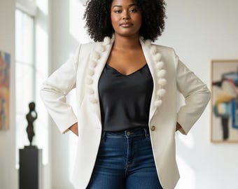 Vintage Designer Women's Jacket Ivory Cream Blazer Faux Fur Trim Plus Size 22W