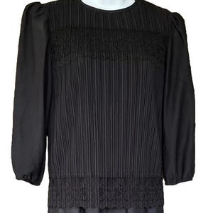 Vintage Black Pleated Lace Dress | 80s Good Times Long Sleeve Midi | Puff Shoulder Blouson Dress Size 9/10 USA Made