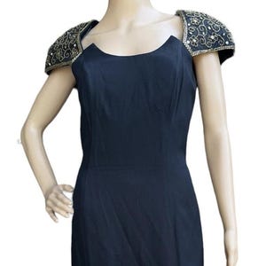 Vintage Night Way Black Beaded Evening Dress – Size 10 – Gold Sequin Cap Sleeves, Slit Front, Sexy Back, USA Made – Formal Gown