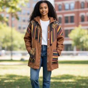 Vintage Patchwork Jacket: Southwestern Stripe, Animal Print, Hooded Denim Coat XL