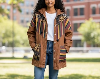 Vintage Patchwork Jacket: Southwestern Stripe, Animal Print, Hooded Denim Coat XL