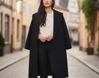 Vintage 100% Cashmere Coat Womens Black Shawl Collar Minimalist Luxury Overcoat