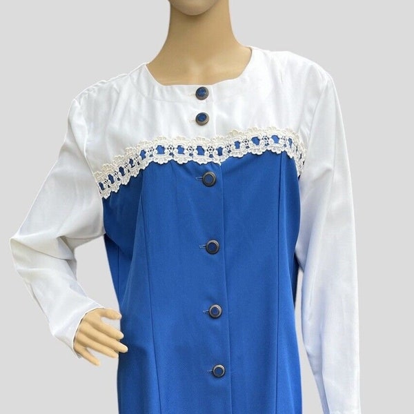 Vintage IN CINQ Women’s Dress Button Up Long Sleeves Lace Blue White 80s 90s Size 16