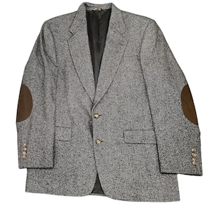 Vintage Austin Reed Men’s Blazer 42L Wool Sport Coat Gray Black Tweed Elbow Patches 2 Button Single Vent USA Union Made