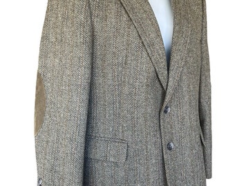 Vintage Men’s Imperial By Haggar Blazer Jacket Sports Coat Brown Gray Wool Herringbone Single Breasted 2 Button Elbow Patches Size 42R