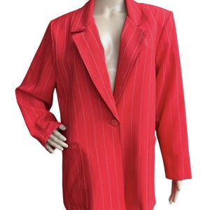 Vintage Red Striped Blazer Women’s Large – Caribou New York, One Button, Shoulder Pads, Unlined, USA Made 80s Power Jacket