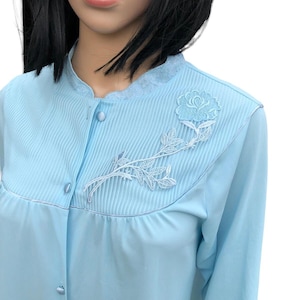 Vintage Texsheen Nylon Nightgown Robe - Baby Blue Button-Up Housecoat with Lace Trim, Size 32, Made in USA, Floral Embroidery