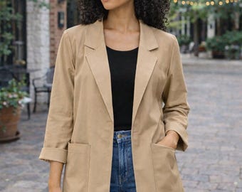 Vintage Women's Open Blazer Jacket Beige Khaki Pockets Lapel USA Made Size 10