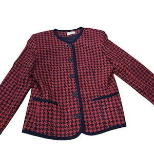 Vintage Alfred Dunner Houndstooth Blazer | Red Black Wool Blend Jacket | Size 12 | 80s Style USA Made | Classic Office Power Look