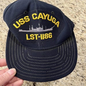 Vintage USS Cayuga Hat LST-1186 Us Navy Snapback Blue Military Ship Cap Veteran Adjustable One Size USA Made Navy Hat