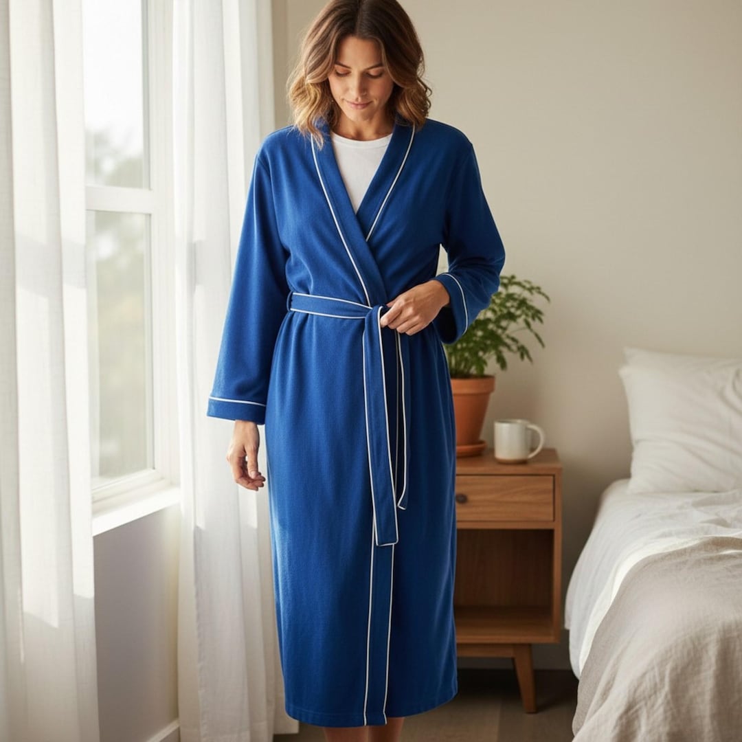Vintage 70s Blue Wrap Robe White Trim Belted Loungewear Pockets - Etsy