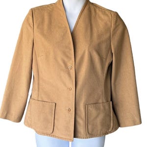 Vintage Henry Lee Tan Corduroy Blazer | Size 16 ILGWU USA Made | 80s Collarless Jacket w/ Pockets & Shoulder Pads
