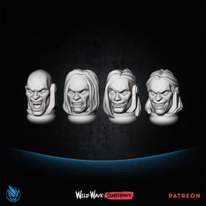 May include: Four 3D printed heads with different expressions, each with a slot on the side. The heads are white and have a textured surface. The text "Wild Wave Starterpack" and "PATREON" are visible at the bottom of the image.
