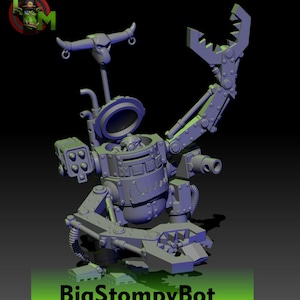Puede incluir: Robot gris detallado con un adorno de cabeza en forma de toro y un gran brazo de garra. El robot tiene una abertura circular en la parte superior y está etiquetado como "BigStompyBot" en una pancarta verde y blanca en la parte inferior.