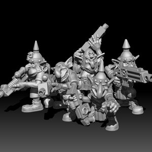 May include: Five grey plastic figurines of goblins holding weapons. The goblins are wearing helmets and armour. The weapons include a rifle, a pistol and a sword.