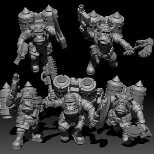 May include: Five gray plastic miniature figures of orcs wearing backpacks with pipes and holding weapons. The orcs are wearing helmets and have large teeth.