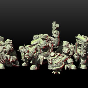 May include: A group of six grey plastic miniature figurines of orcs, some holding weapons, others with backpacks. The orcs are in various poses, some standing, some crouching.