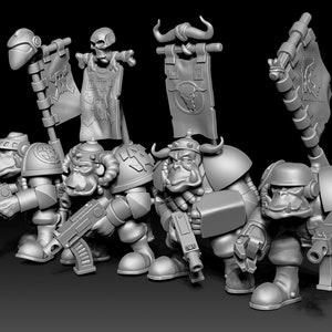 May include: Five grey plastic miniature figures of orcs wearing armour and holding guns. The figures are standing on a black surface. Each figure is holding a gun and has a horned helmet. The figures are standing in front of three flags with different designs.
