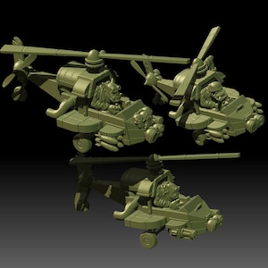 May include: Three olive-green toy helicopters with detailed designs, including propellers, missiles, and pilot figures. The toy helicopters are set against a dark background, showcasing their intricate features and overall design.