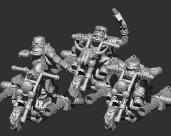 May include: Three gray, detailed, miniature figures of orcs riding motorcycles. The orcs are wearing helmets and goggles. The motorcycles have skulls and other details.