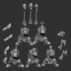 May include: A set of 3D printed miniature figures of orcs, with various weapons and accessories. The figures are in a grey colour and are ready to be painted.