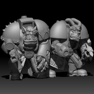 May include: Two grey, detailed, plastic figurines of orcs wearing armour and holding weapons. The orcs have large heads and are wearing helmets. The orcs are standing on a grey background.