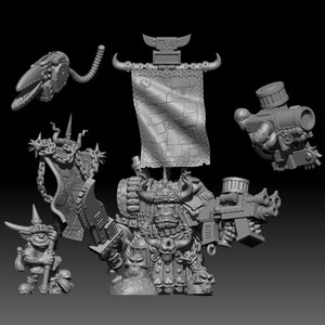 May include: A gray plastic miniature figurine of a fantasy warrior with a large axe, a gun, and a banner. The warrior is wearing armor and has a horned helmet. The miniature is part of a set of fantasy miniatures.