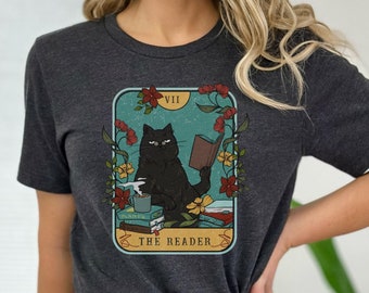 The Reader Tarot, The Reader Cat, Cats and Books, Cats and Reading, Black Cat Shirt, Tarot Shirt, Bookish Shirt, Reader Gift, Bookish Gift