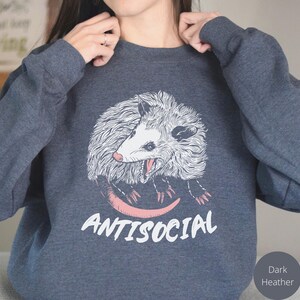 K&ouml;nnte beinhalten: Dunkelgrauer Sweatshirt mit einem Aufdruck eines Opossums und dem Text "ANTISOCIAL" darunter.