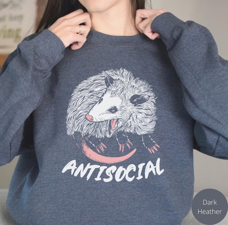 K&ouml;nnte beinhalten: Dunkelgrauer Sweatshirt mit einem Aufdruck eines Opossums und dem Text "ANTISOCIAL" darunter.