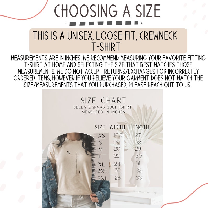 May include: Size chart for a unisex, loose fit, crewneck t-shirt. The chart shows the width and length measurements in inches for sizes XS, S, M, L, XL, 2XL, and 3XL.