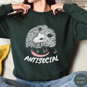 K&ouml;nnte beinhalten: Ein dunkelgr&uuml;nes Sweatshirt mit einer wei&szlig;en und schwarzen Illustration eines Opossums mit dem Text "ANTISOCIAL" in Rosa.