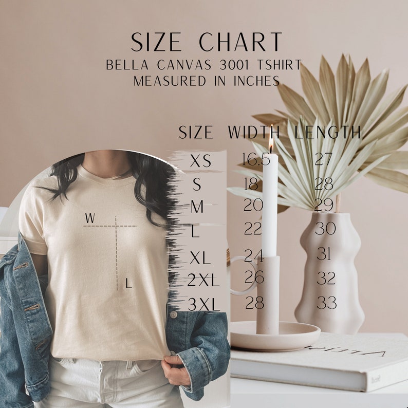 May include: Size chart for Bella Canvas 3001 t-shirts, measured in inches. The chart shows the width and length of the t-shirt in inches for sizes XS, S, M, L, XL, 2XL, and 3XL.