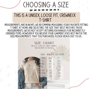 May include: Size chart for a unisex, loose fit, crewneck t-shirt. The chart shows the width and length measurements in inches for sizes XS, S, M, L, XL, 2XL, and 3XL.