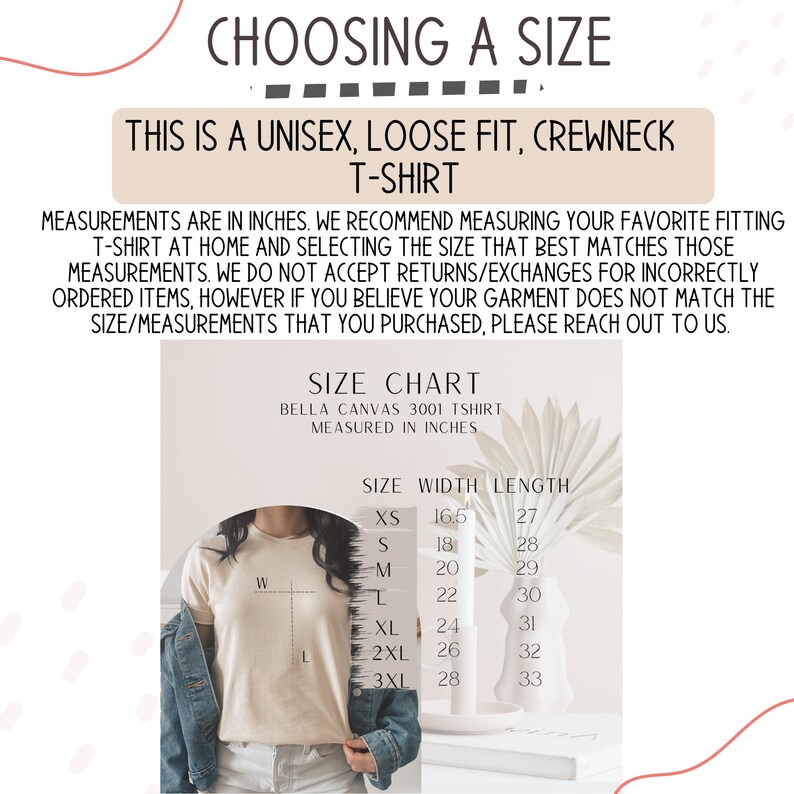 May include: Size chart for a unisex, loose fit, crewneck t-shirt. The chart shows the width and length measurements in inches for sizes XS, S, M, L, XL, 2XL, and 3XL.
