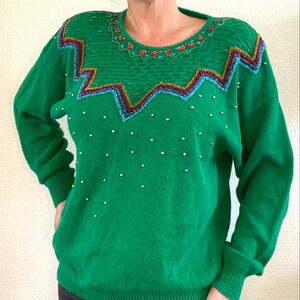 Vintage Christine Gerard Rainbow Beaded Sweater Size Large 90&#39;s Shoulder Pads